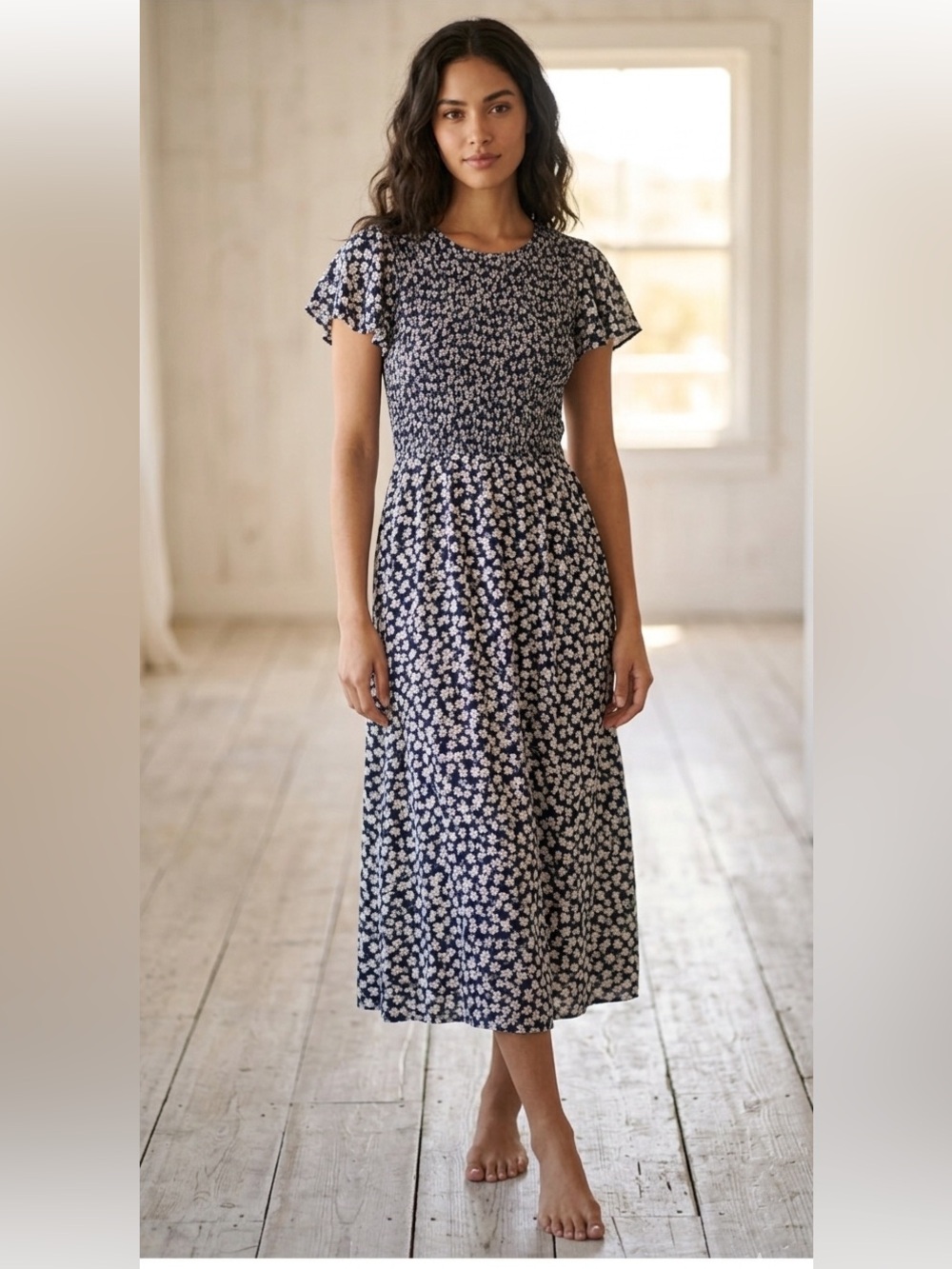 Elodie Navy and White Floral Smocked Midi Dress